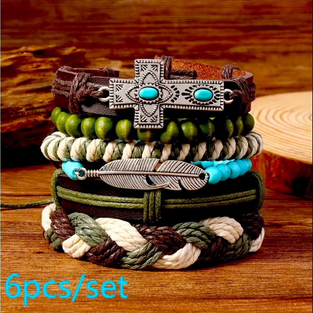 Bohemian Faux Leather Bracelet Set Cross‎ & Feather Charms Adjustable Handwoven